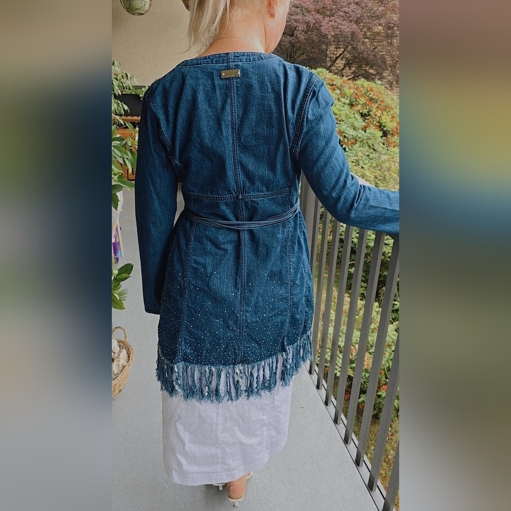Fendi Diamonte Vintage Blue Denim Long-Sleeve Coat with Fringe - Picture 14 of 16